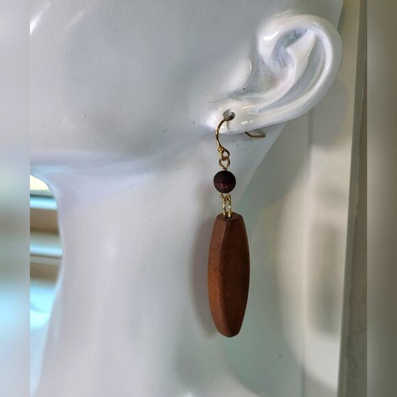 Geometric Wooden Dangle Earrings – Boho Gold Tone Statement Drops - Picture 3 of 9